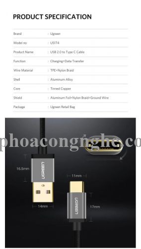 Ugreen 30883 3M 3A Màu Đen Cáp USB TypeC sang USB 2.0 Hỗ trợ sạc nhanh dây bên Nylon US174 30030883